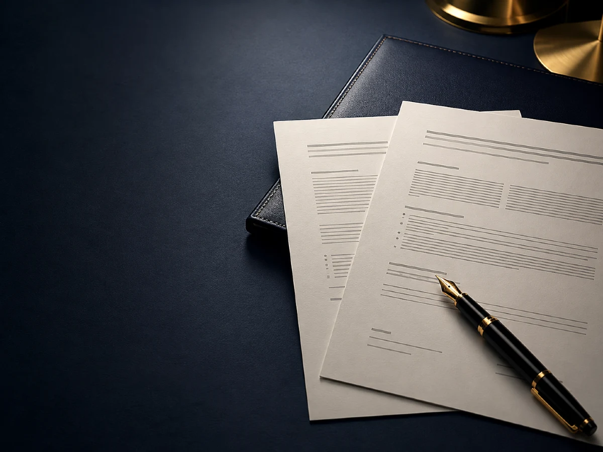Fountain pen resting over structured B2B agreement documents, supporting technology and privacy for commercial contracts in Thailand