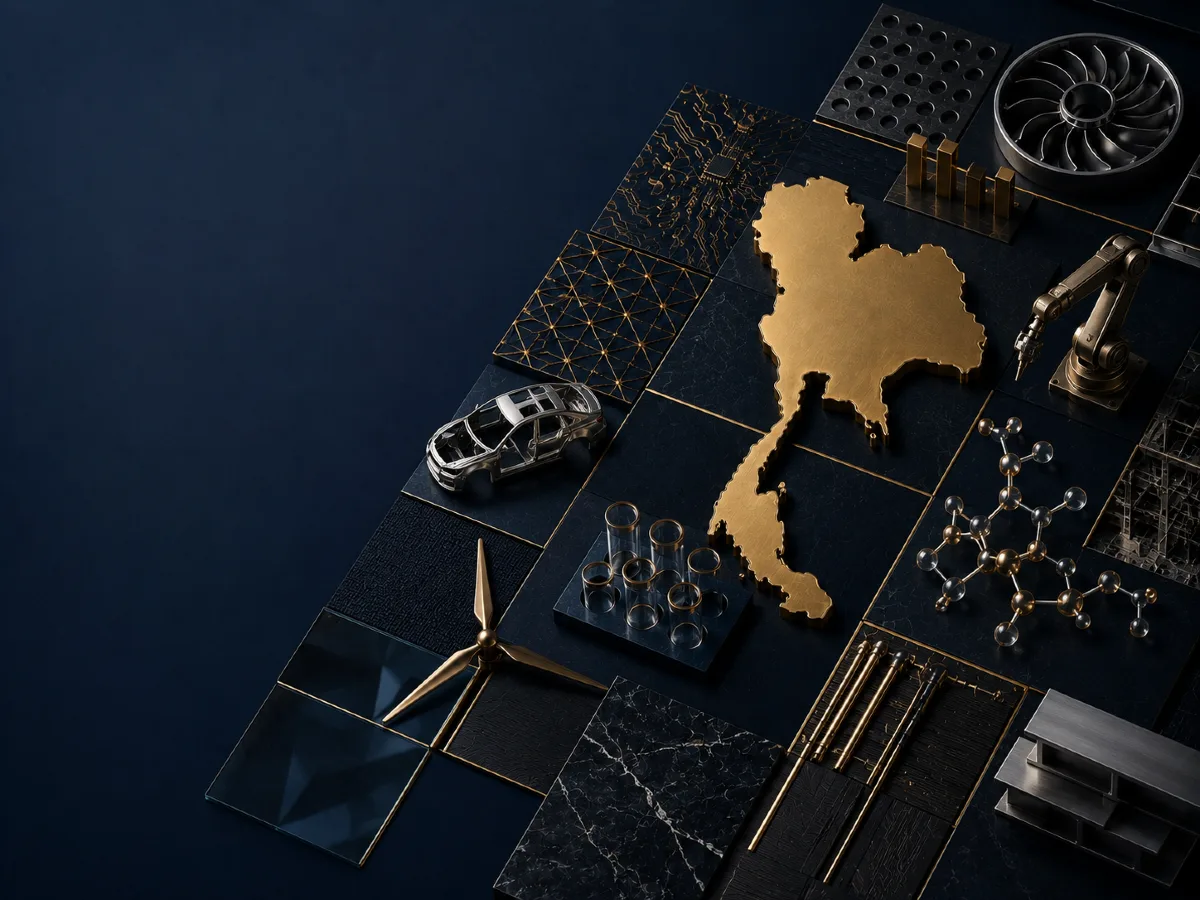 Thailand map with technology, manufacturing and energy elements representing industries in Thailand