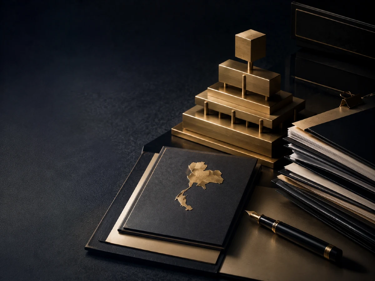 Brass corporate structure and Thailand map with business documents representing business and corporate law in Thailand