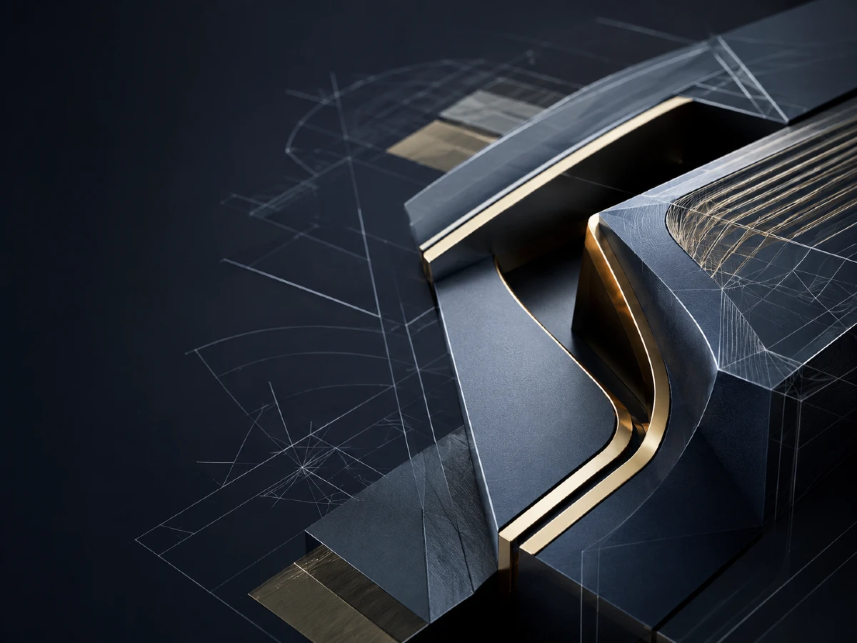 Abstract geometric model and patent design blueprint illustrating intellectual property law services in Thailand