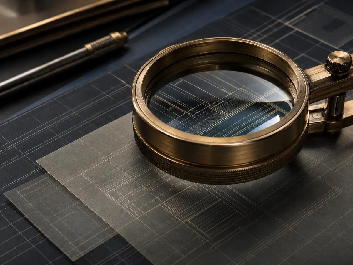 Precision brass optical loupe over corporate due diligence documents, supporting Thailand intelligence and investigations